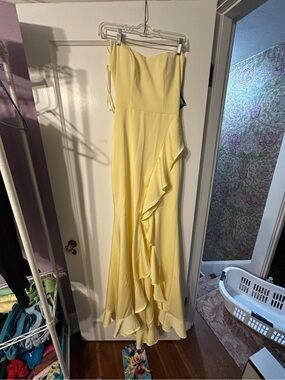 La Femme Yellow Strapless Ruffle Gown